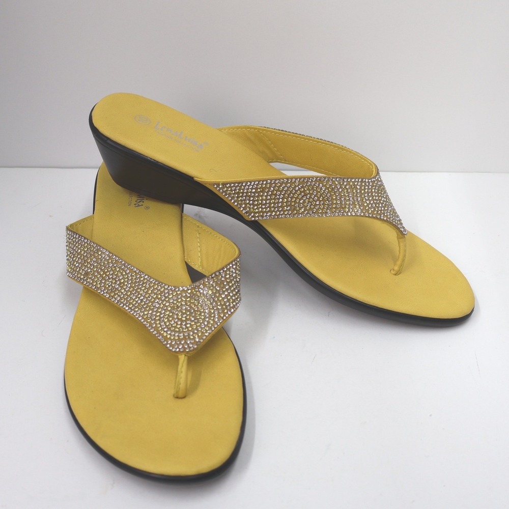 Lena Luisa Wedge Thong Sandals Womens 10 Yellow New Rhinestone Sparkly Bling
